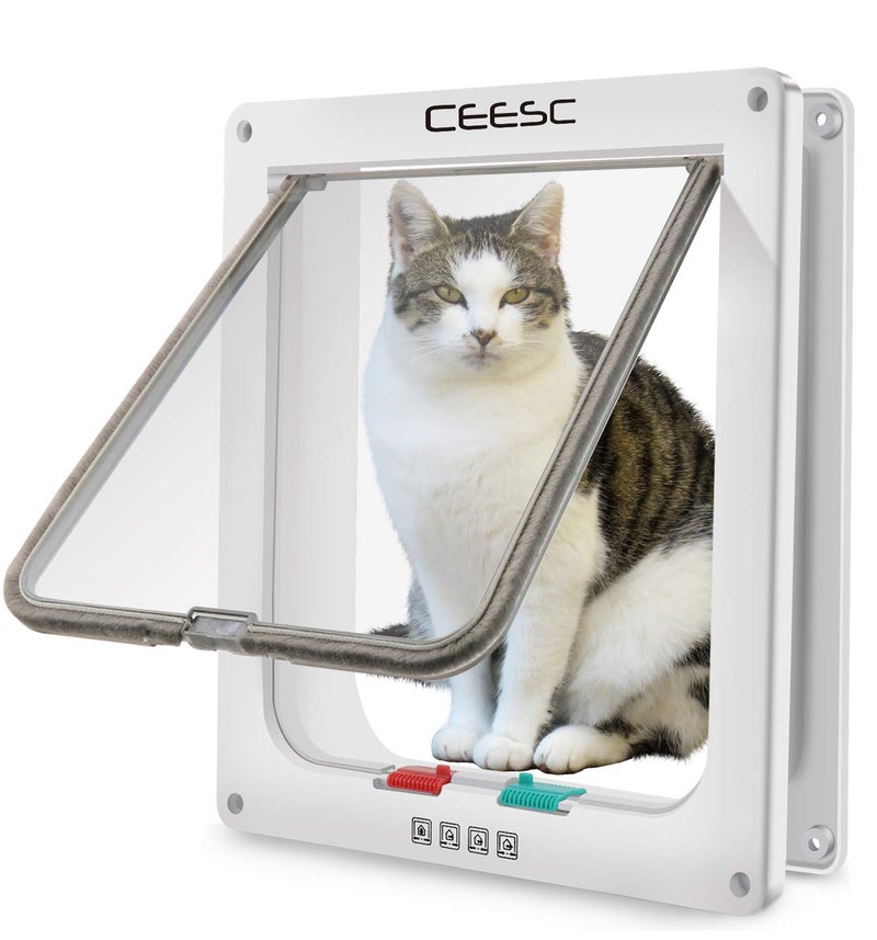 CEESC Extra Large Cat Door (Outer Size 11"x9.8"), Weatherproof, White, ABS Material, 4-Way Locking Flap for Cats & Dogs up to 25.54 lbs - Image 1